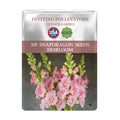 Seed packet for Snapdragon seeds with pink flowers on a white background
