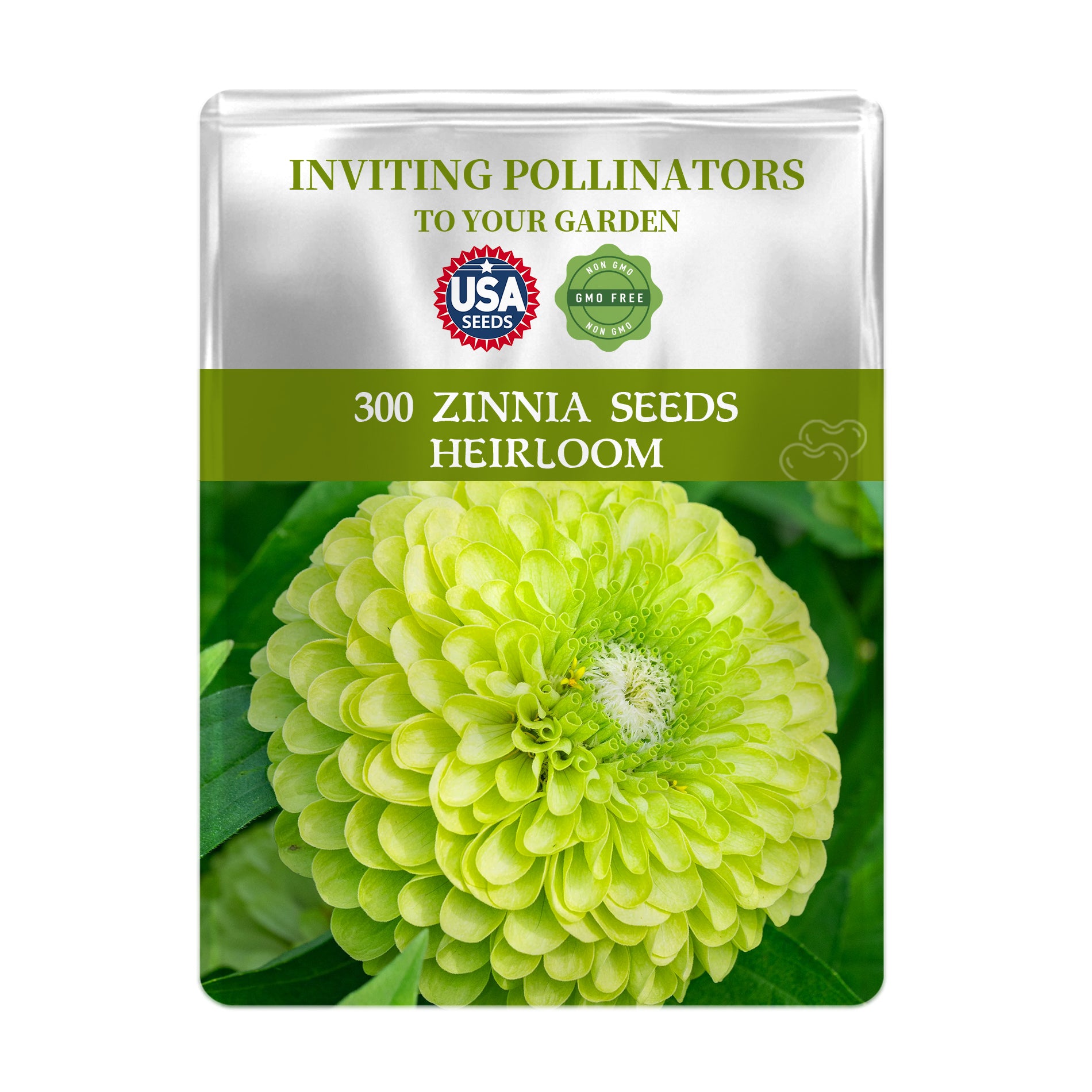 Seed packet for Zinnia seeds with a green flower on a white background