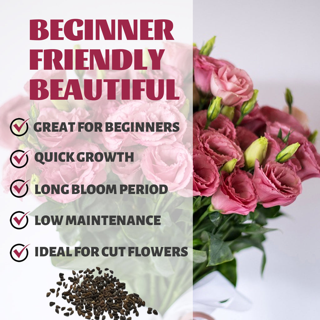 Bouquet of pink flowers with text highlighting features like 'Great for Beginners', 'Quick Growth', 'Long Bloom Period', 'Low Maintenance', and 'Ideal for Cut Flowers'.Double Rose Varieties Lisianthus Seeds