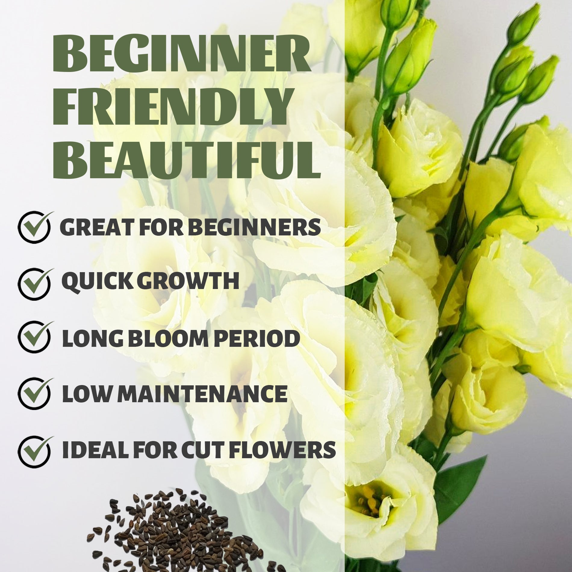 Bouquet of Double Rose Varieties Lisianthus Seeds yellow flowers with text highlighting features like 'Great for Beginners', 'Quick Growth', 'Long Bloom Period', 'Low Maintenance', and 'Ideal for Cut Flowers'.