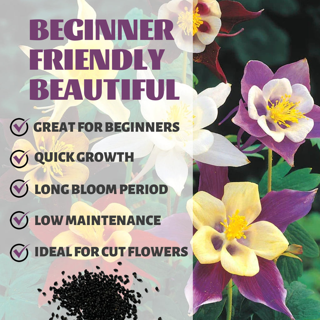 Granny’s Bonnet Columbine Seeds packaging with colorful flowers and text highlighting features.