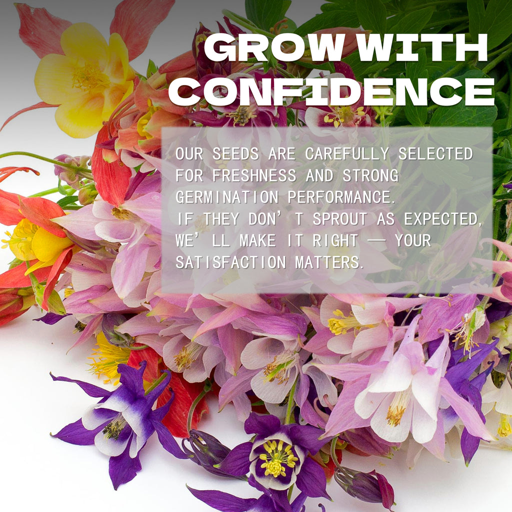 Granny’s Bonnet Columbine Seeds Colorful flowers with text overlay 'Grow with Confidence' and promotional message.