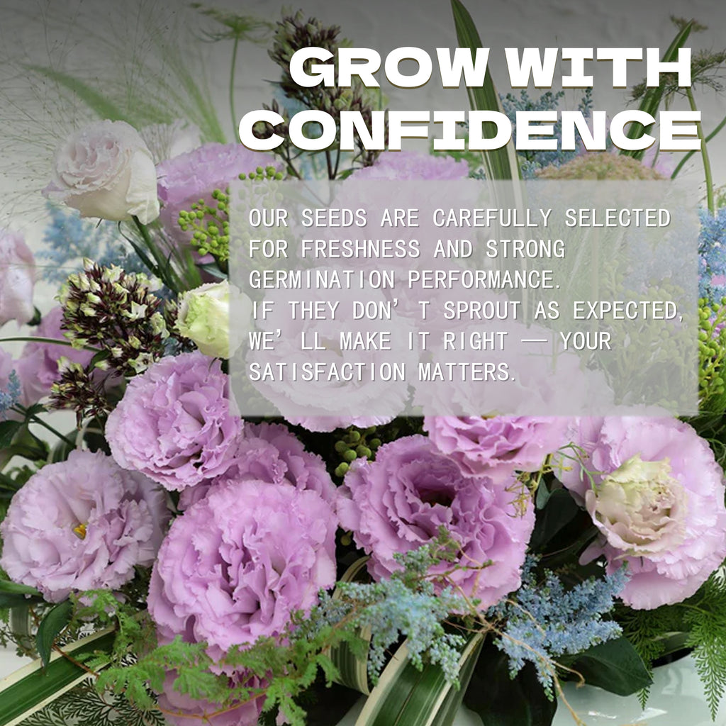 Double Rose Varieties Lisianthus Seeds.Bouquet of pink flowers with a text overlay about confidence and satisfaction.